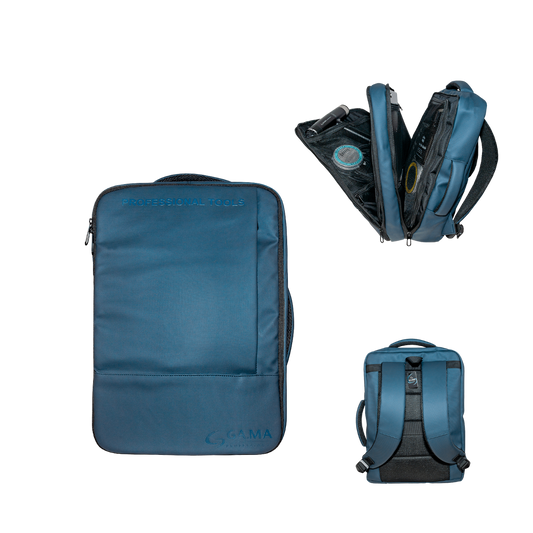 Mochila azul para herramientas de peluquería y barbería, con compartimentos, marca GA.MA Professional, capacidad de 30L.