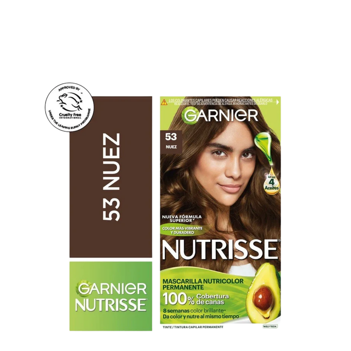 Tinte de cabello Garnier Nutrisse color nuez 53, crema de coloración natural para un acabado brillante y duradero.