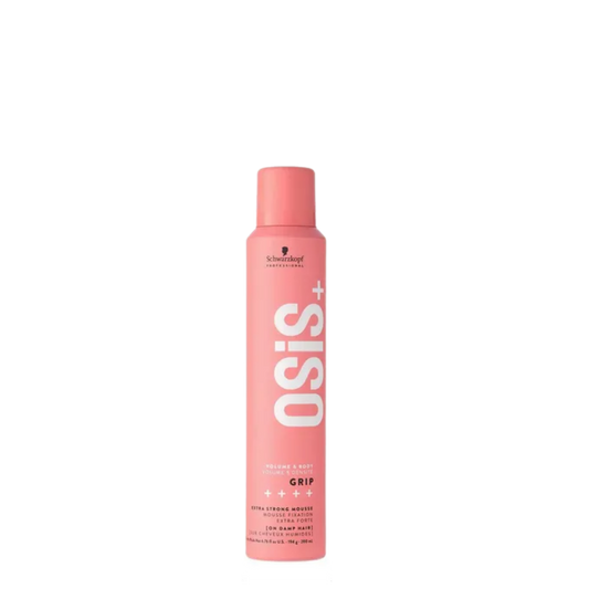 Mousse de peinado Schwarzkopf Professional Osis+ Grip en envase de 200ml, ideal para proporcionar volumen masivo, fijación extrema y protección térmica