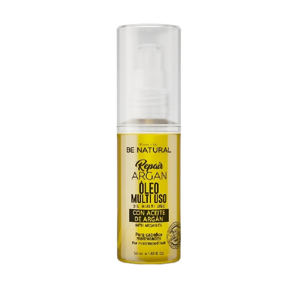 Aceite capilar de argán Be Natural en frasco de 50 ml, con textura y color del aceite de argán en la imagen.