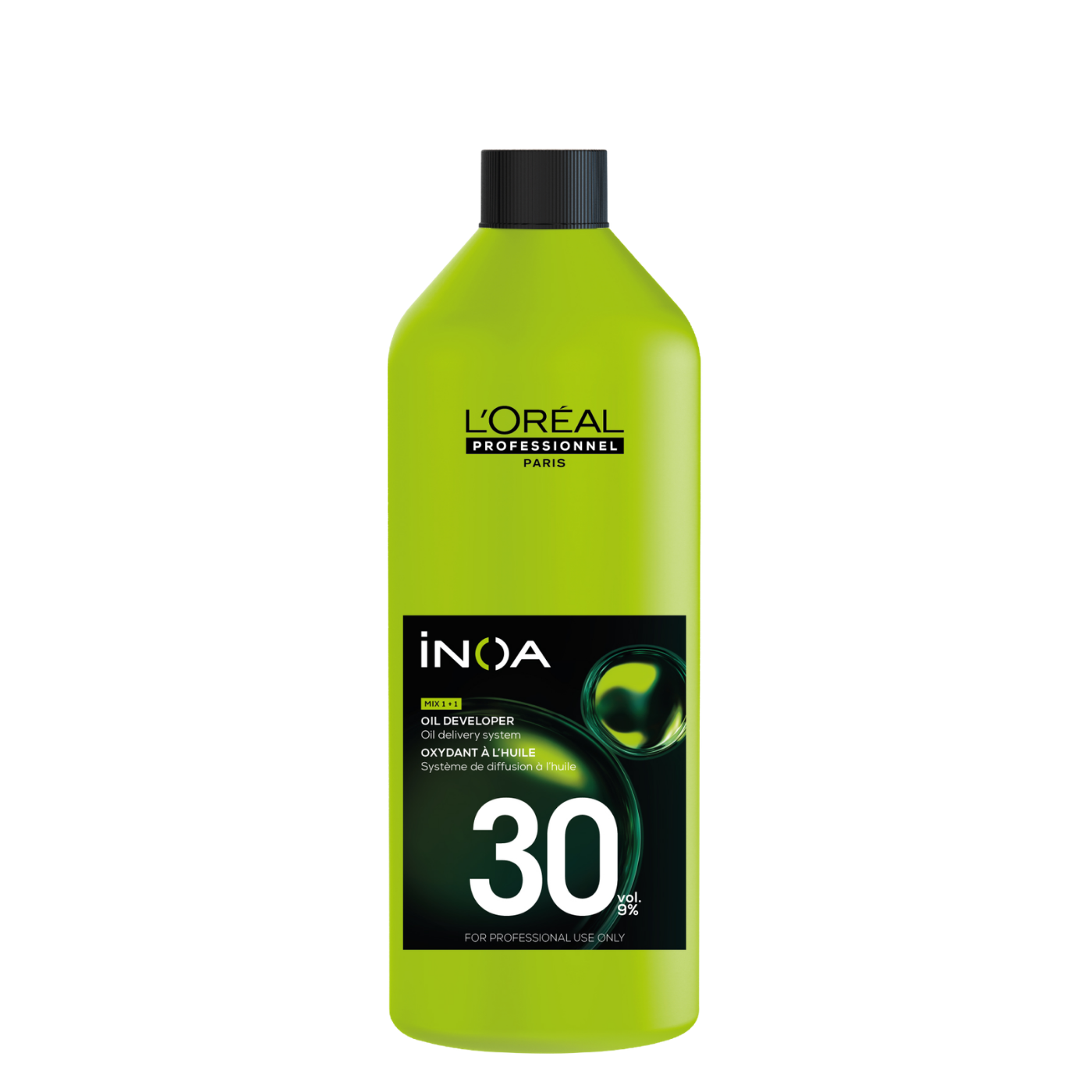 Oxidante Loreal INOA 30 Vol para coloración capilar, frasco con líquido de alta calidad y volumen.