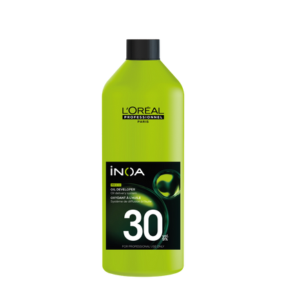 Oxidante Loreal INOA 30 Vol para coloración capilar, frasco con líquido de alta calidad y volumen.