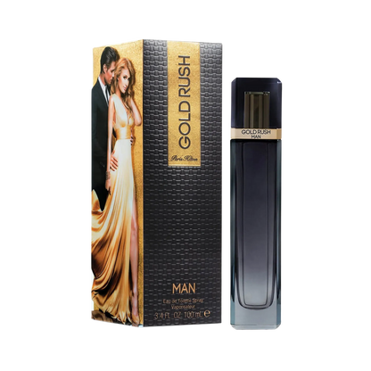 Perfume Paris Hilton Gold Rush para hombre, frasco de 100 ml con diseño elegante, fragancia masculina y moderna.