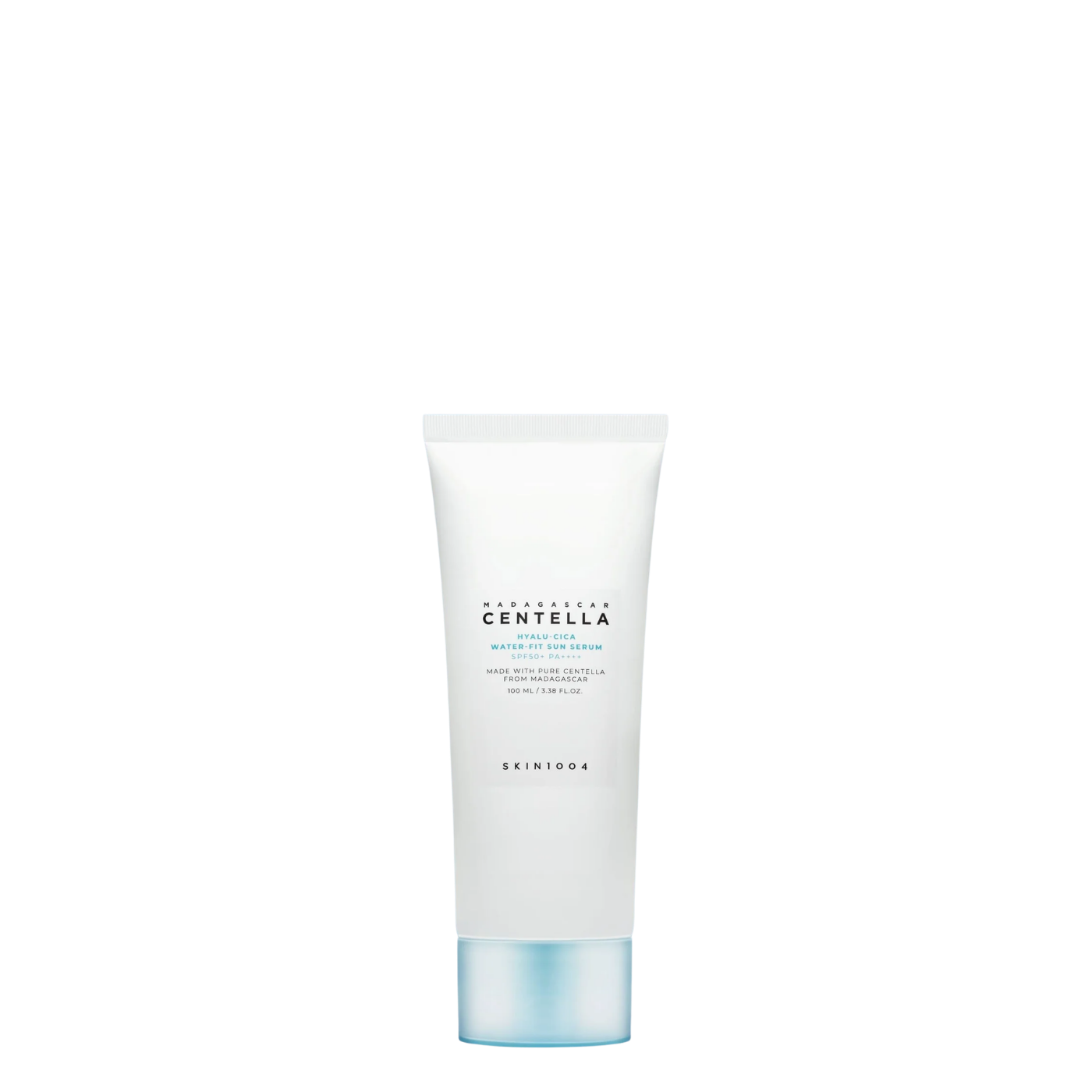 Tubo de 50 ml con dispensador del protector solar coreano Madagascar Centella Hyalu-Cica Water-Fit Sun Serum SPF50+ PA++++ de la marca Skin1004, fotoprotector ligero tipo sérum hidratante.