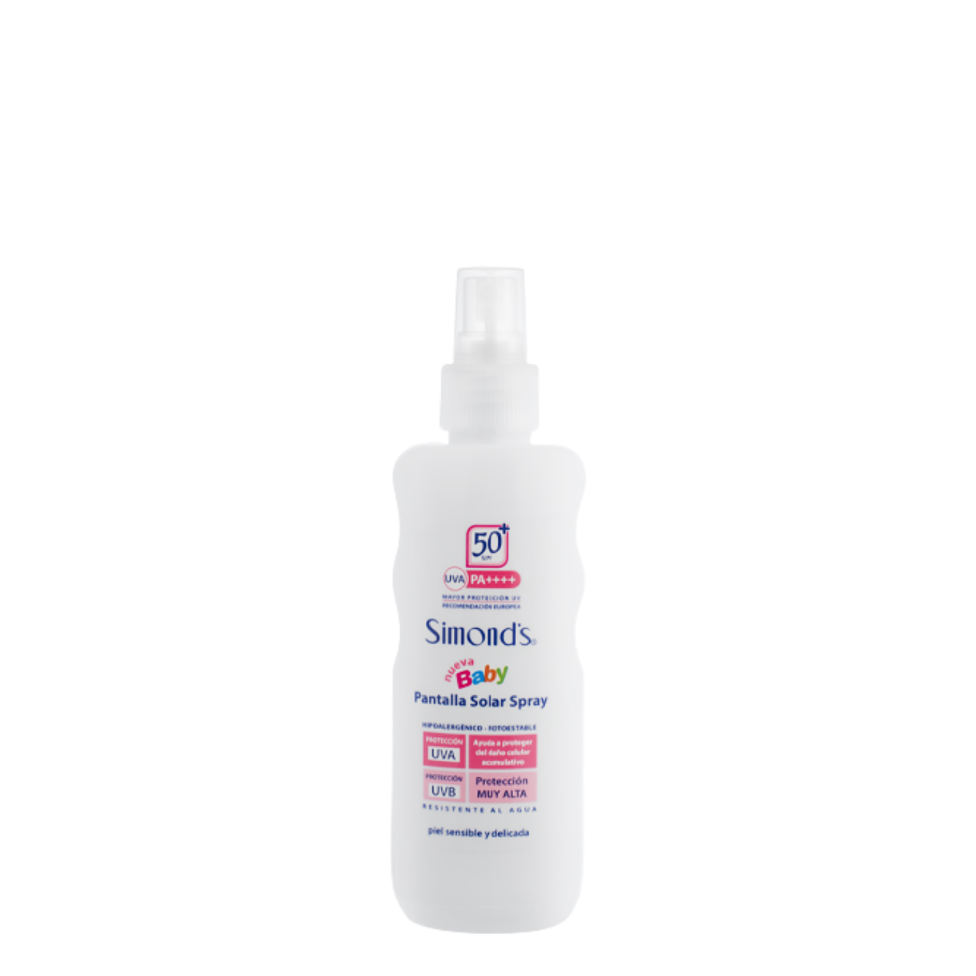 Protector solar SPF 50+ en spray para bebé de la marca Simonds, botella de 190 ml, protección contra rayos UV.