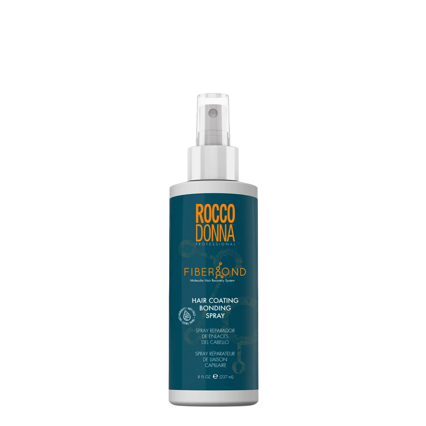 Botella de 237ml con atomizador de Protector Térmico FiberBond Rocco Donna Professional, spray reconstructor estructural y escudo térmico para peinado con calor.