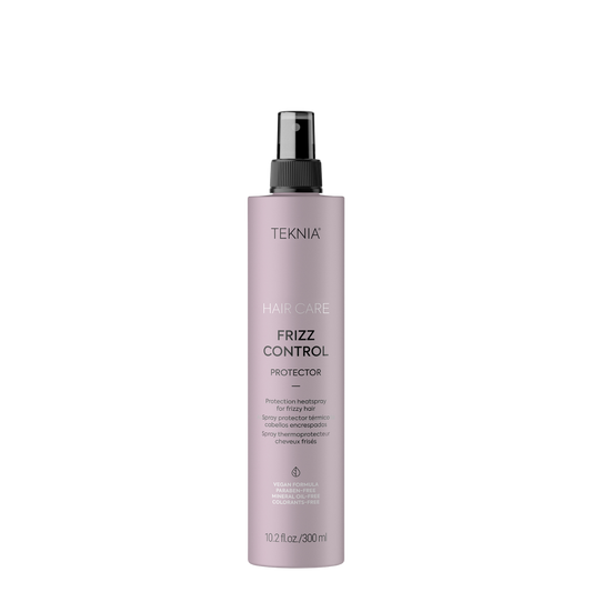 Protector térmico Lakme Teknia para control del frizz en botella de 300 ml, con fórmula para peinados suaves y sin encrespamiento.