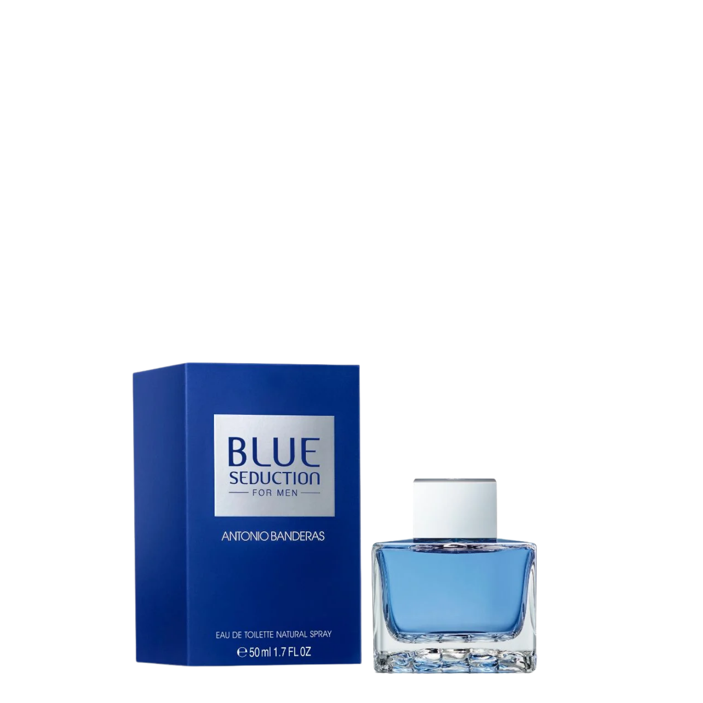 Botella de Perfume Blue Seduction Men de Antonio Banderas de 50 ml Eau de Toilette, fragancia masculina fresca y acuática en frasco de vidrio con relieves y líquido azul.