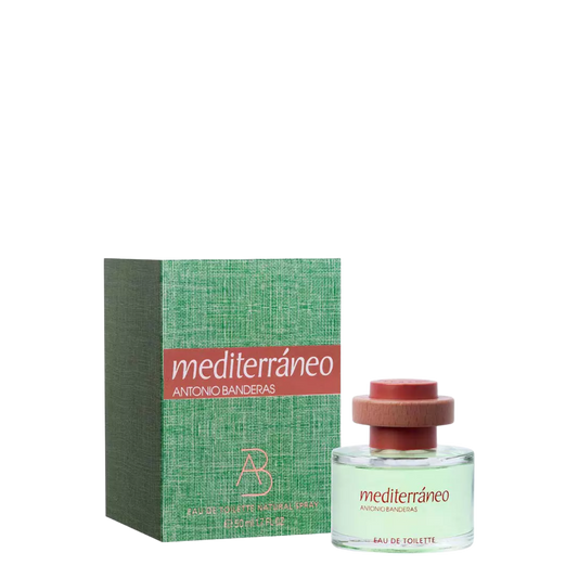 Perfume Antonio Banderas Mediterraneo 50 ml Eau de Toilette, botella elegante con aroma fresco y floral.