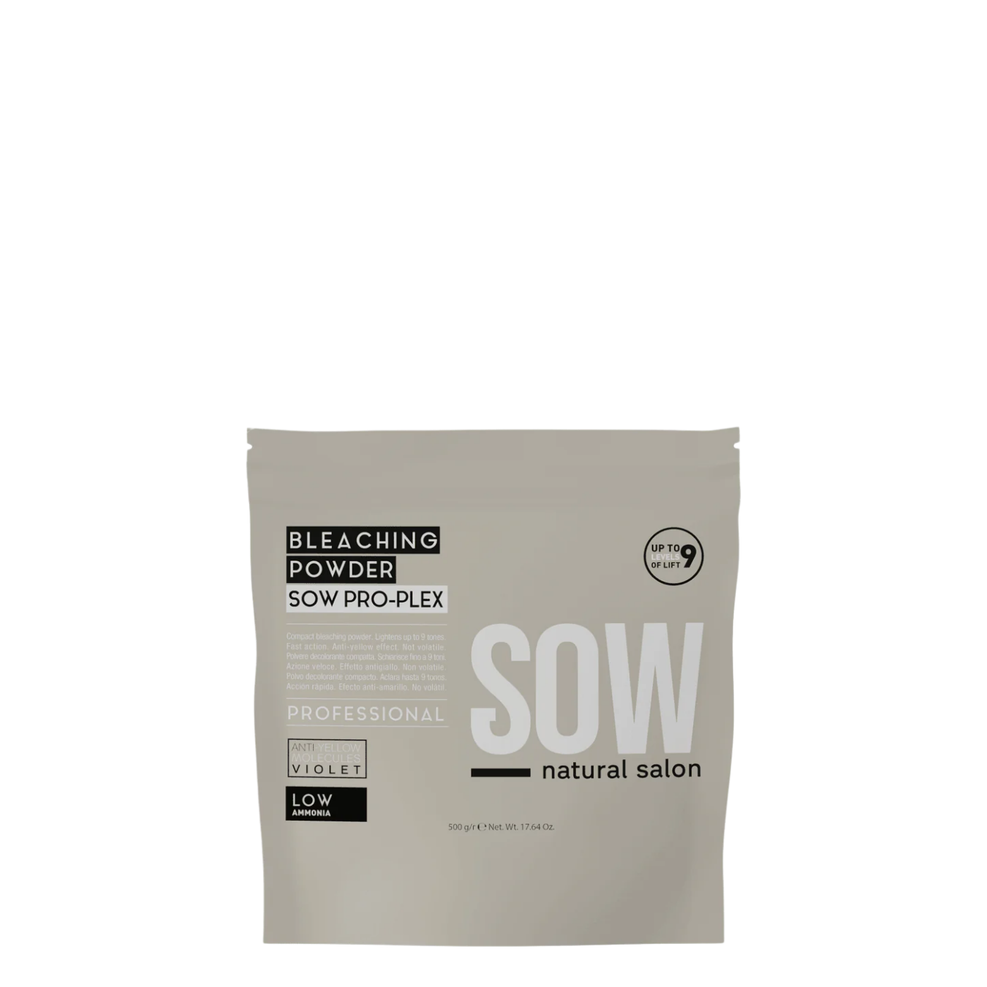 Envase profesional de 500 g de Polvo Decolorante Sow Plex, sistema de aclaración capilar no volátil con tecnología protectora de enlaces para rubios perfectos sin daño.