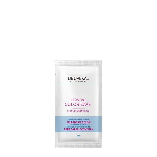 Sachet de crema capilar sellador de color Obopekal, producto para proteger y realzar el color del cabello en la imagen.