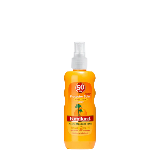 Botella de Protector Solar SPF 50 Familand de 190ml con aceite de Monoi de Tahiti, bloqueador hidratante con aroma a coco.