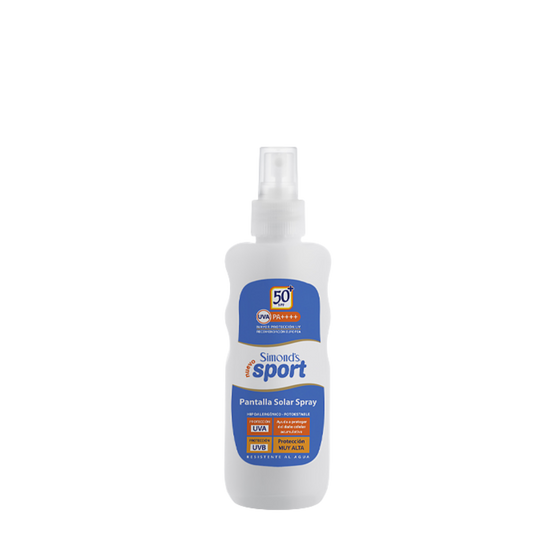 Botella de Protector Solar SPF 50+ Sport Simonds de 190ml, bloqueador solar resistente al agua y sudor para deportistas.