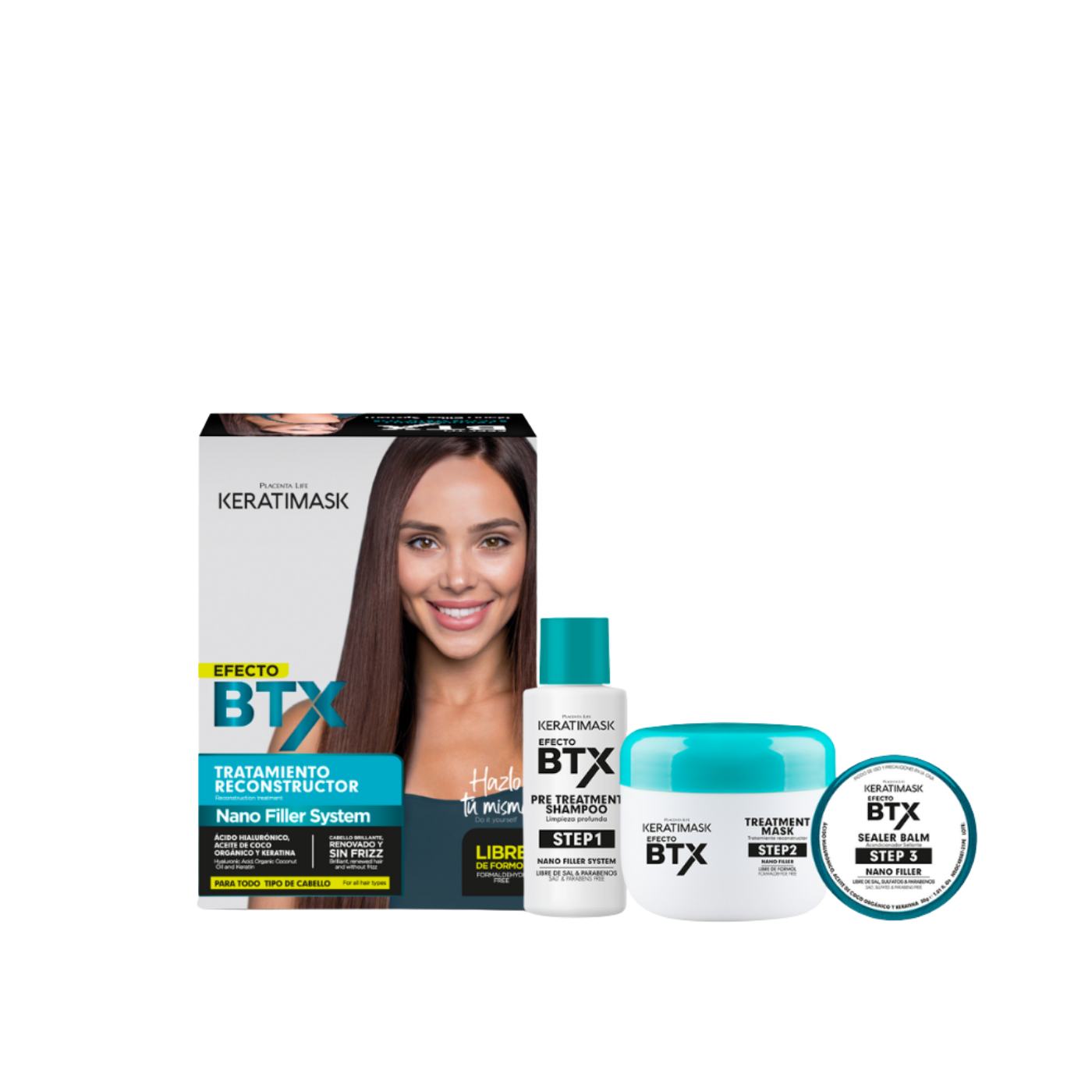 Kit completo de tratamiento capilar profesional Efecto BTX Keratimask de Be Natural, diseñado para la reconstrucción, eliminación del frizz y alineación del cabello