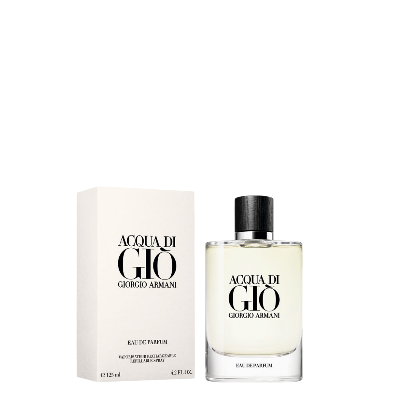 Perfume Giorgio Armani Acqua di Gio EDP de 125 ml en frasco elegante, con diseño distintivo y color transparente.