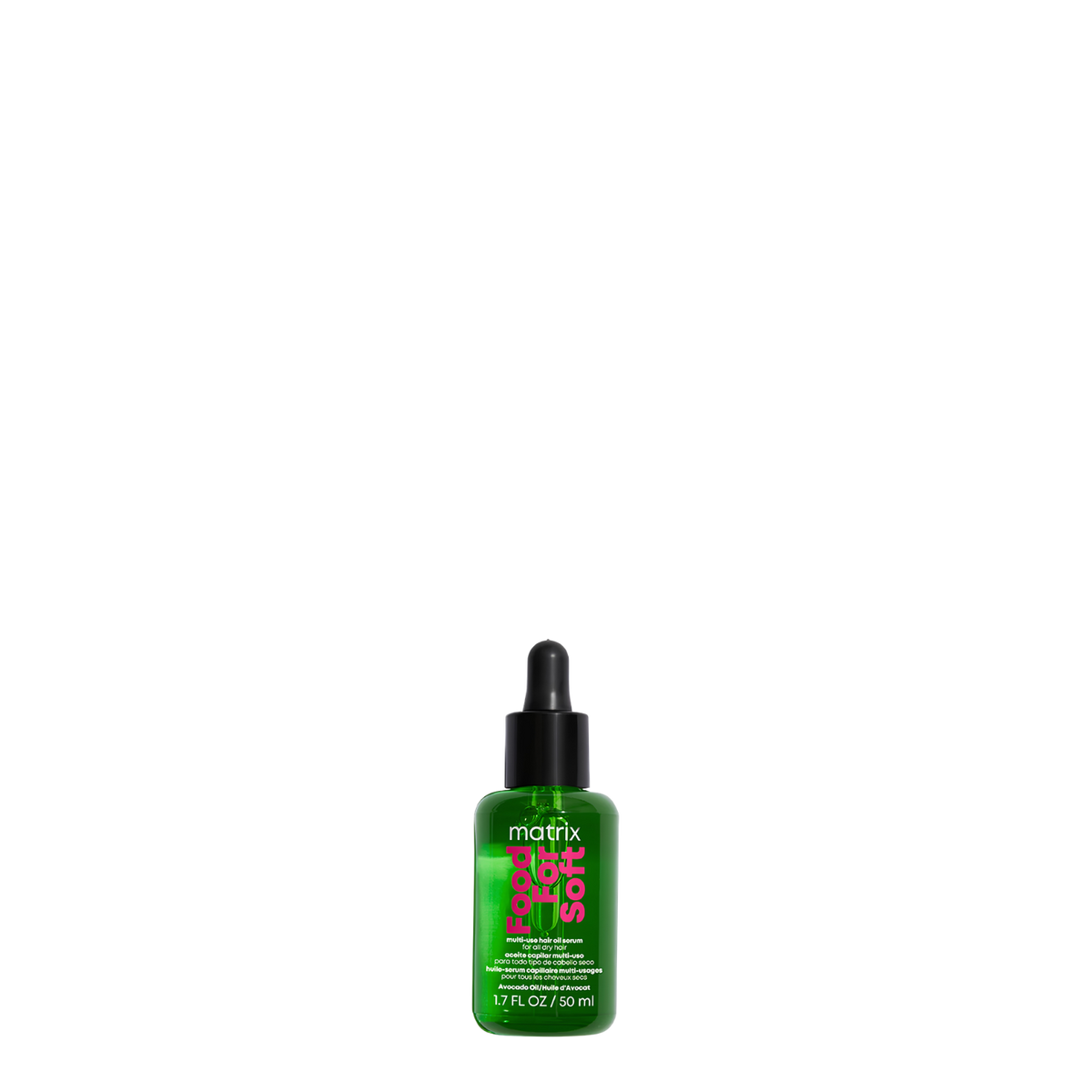 Aceite capilar hidratante Food For Soft Matrix de 50 ml con protector térmico, en botella con gotero, para cabello suave y nutrido.