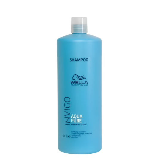 Champú Wella Invigo Aqua Pure para limpieza profunda, botella de 1000 ml con fórmula purificante.
