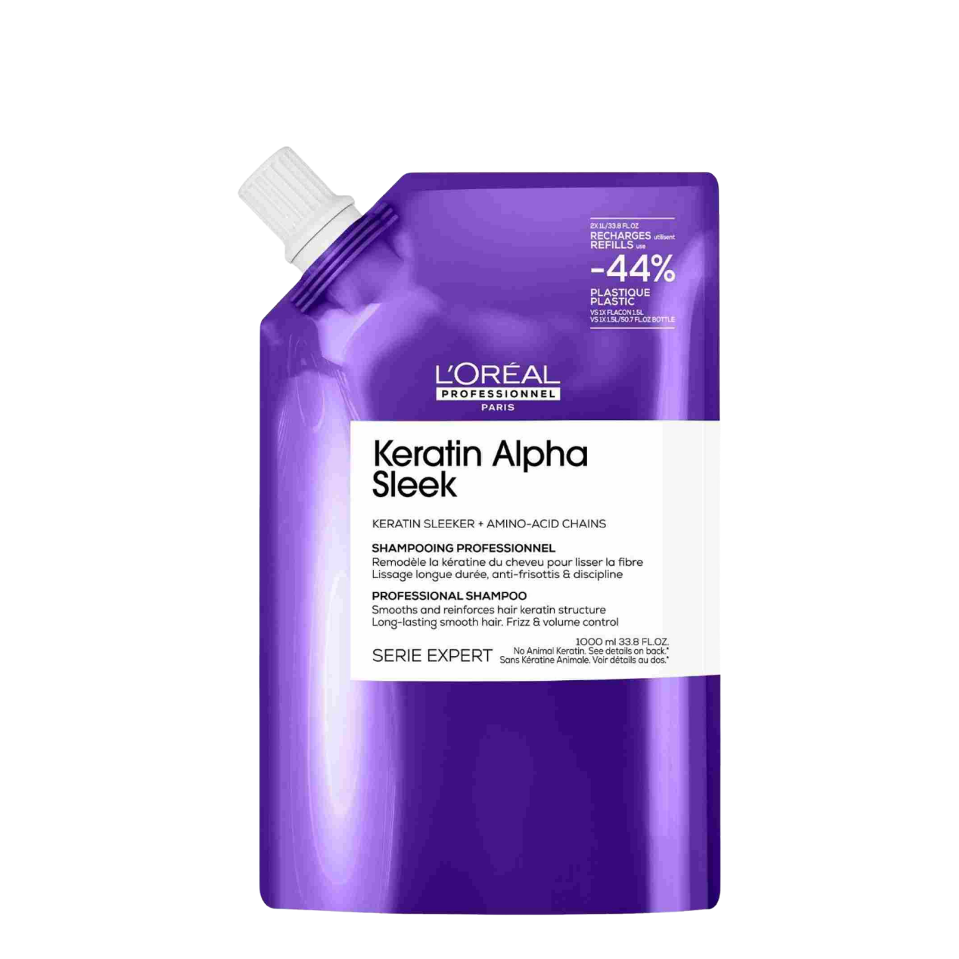 Champú L'Oréal Professionnel Alpha Sleek Keratin recarga de 1000 ml, botella grande de shampoo para cabello liso y sedoso.