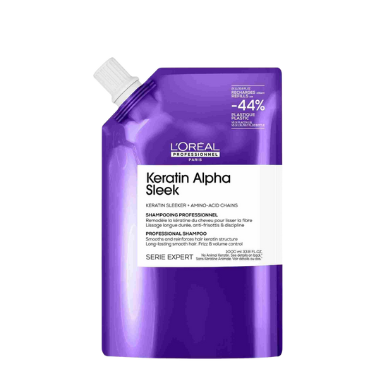Champú L'Oréal Professionnel Alpha Sleek Keratin recarga de 1000 ml, botella grande de shampoo para cabello liso y sedoso.