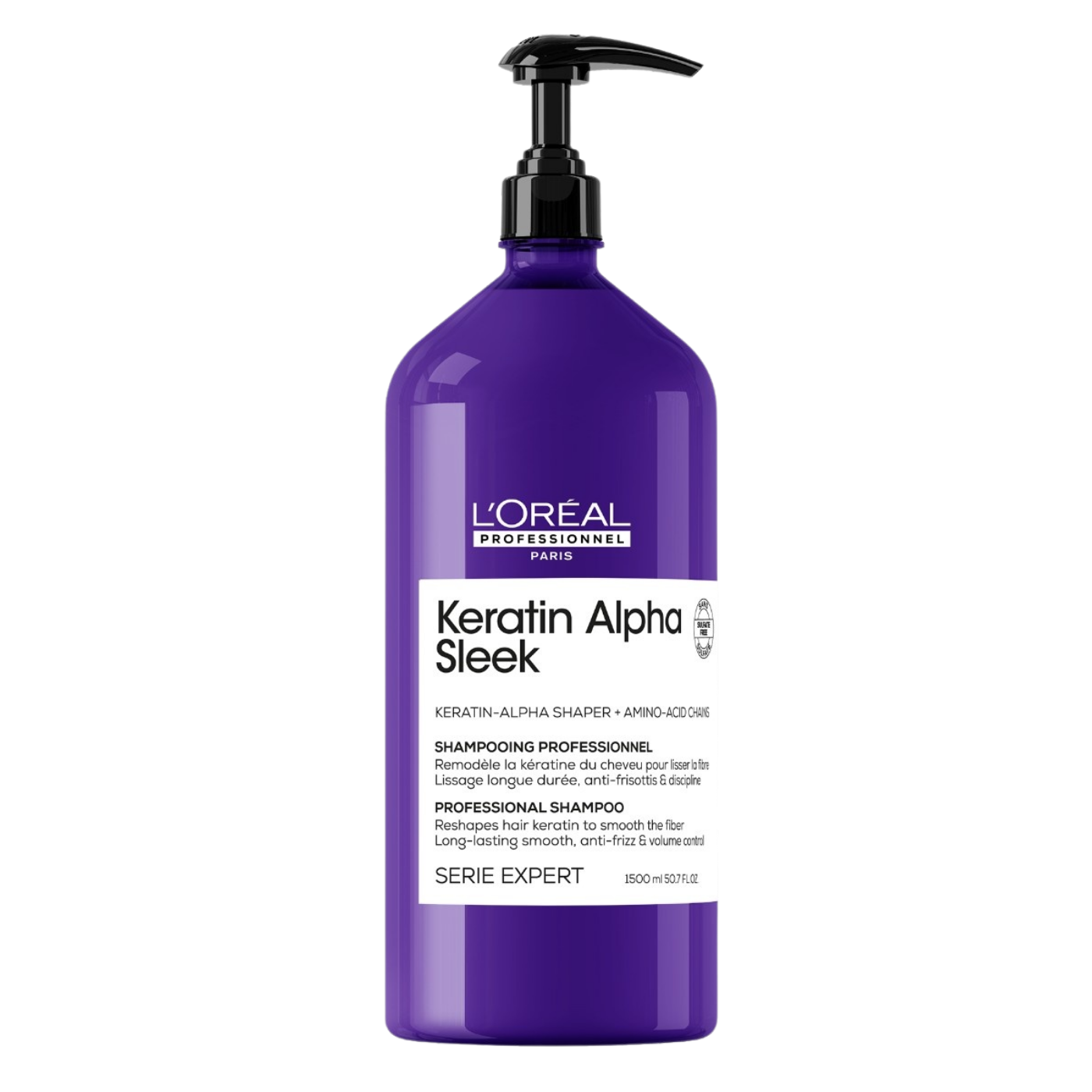 Champú L'Oréal Professionnel Alpha Sleek con keratina en botella de 1500 ml, para cabello liso y brillante.