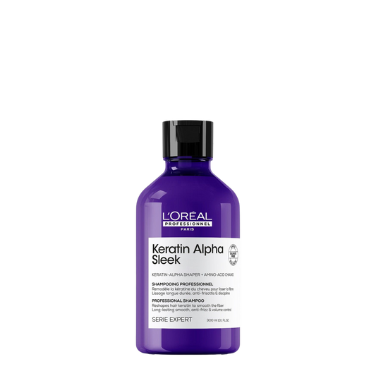 Champú L'Oréal Professionnel Alpha Sleek Keratin de 300 ml, con fórmula suave y nutritiva para cabello liso y brillante.