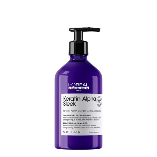 Champú L'Oréal Professionnel Alpha Sleek con keratina para control del encrespamiento, 500 ml, en botella con etiqueta.