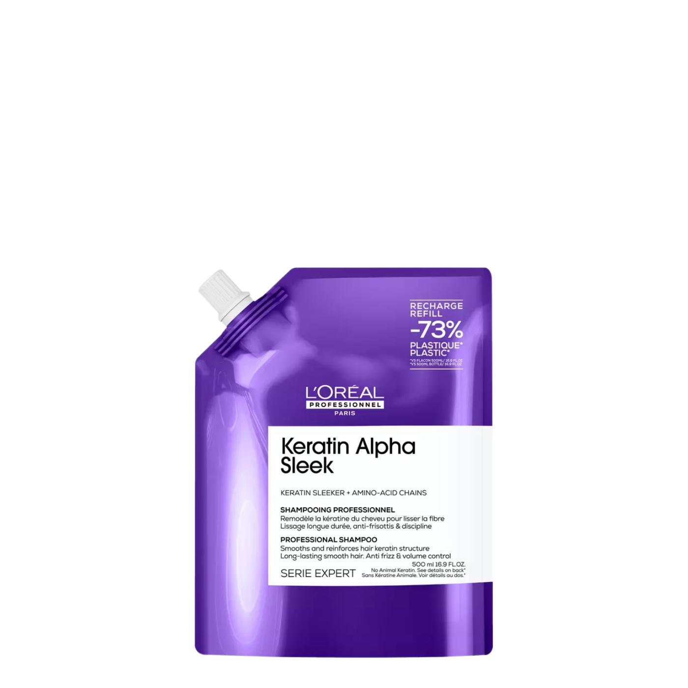Champú L'Oréal Professionnel Alpha Sleek Keratin Recarga de 500 ml, botella con envase color negro y detalles en dorado.