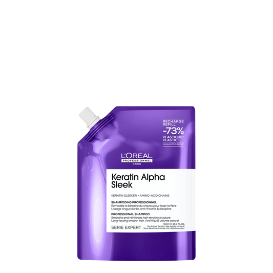 Champú L'Oréal Professionnel Alpha Sleek Keratin Recarga de 500 ml, botella con envase color negro y detalles en dorado.