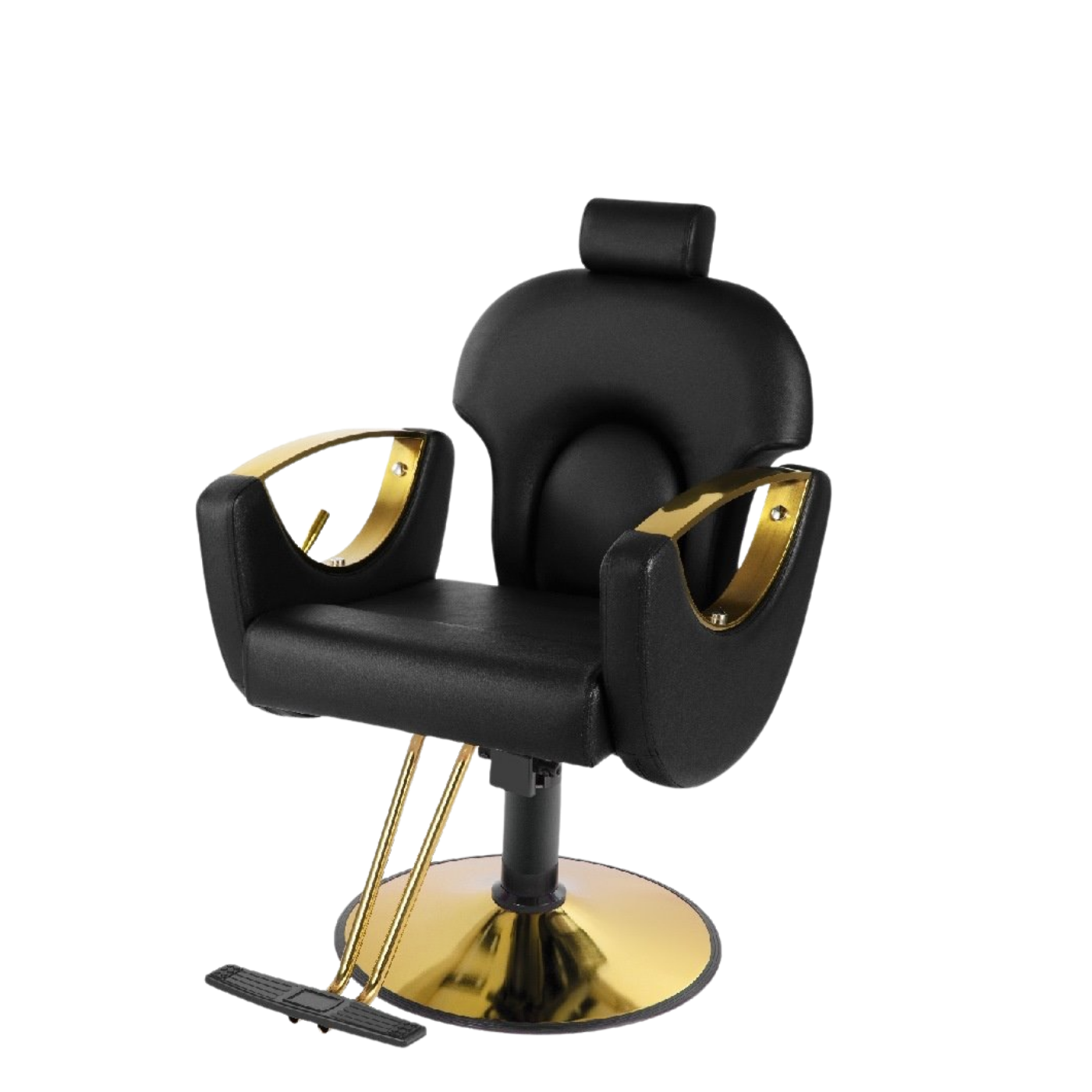 Sillón de barbería reclinable tapizado en color negro con apoya brazos, posapiés y base hidráulica en acabado metalizado dorado brillante.