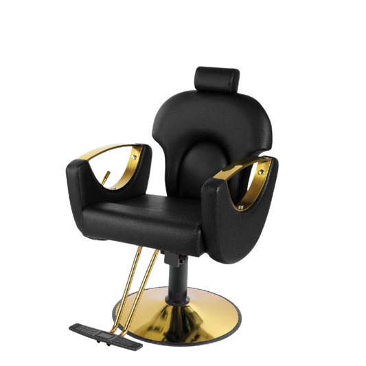 Sillón de barbería reclinable de mango dorado de Casa Belleza, con asiento cómodo y respaldo ajustable para barberías.