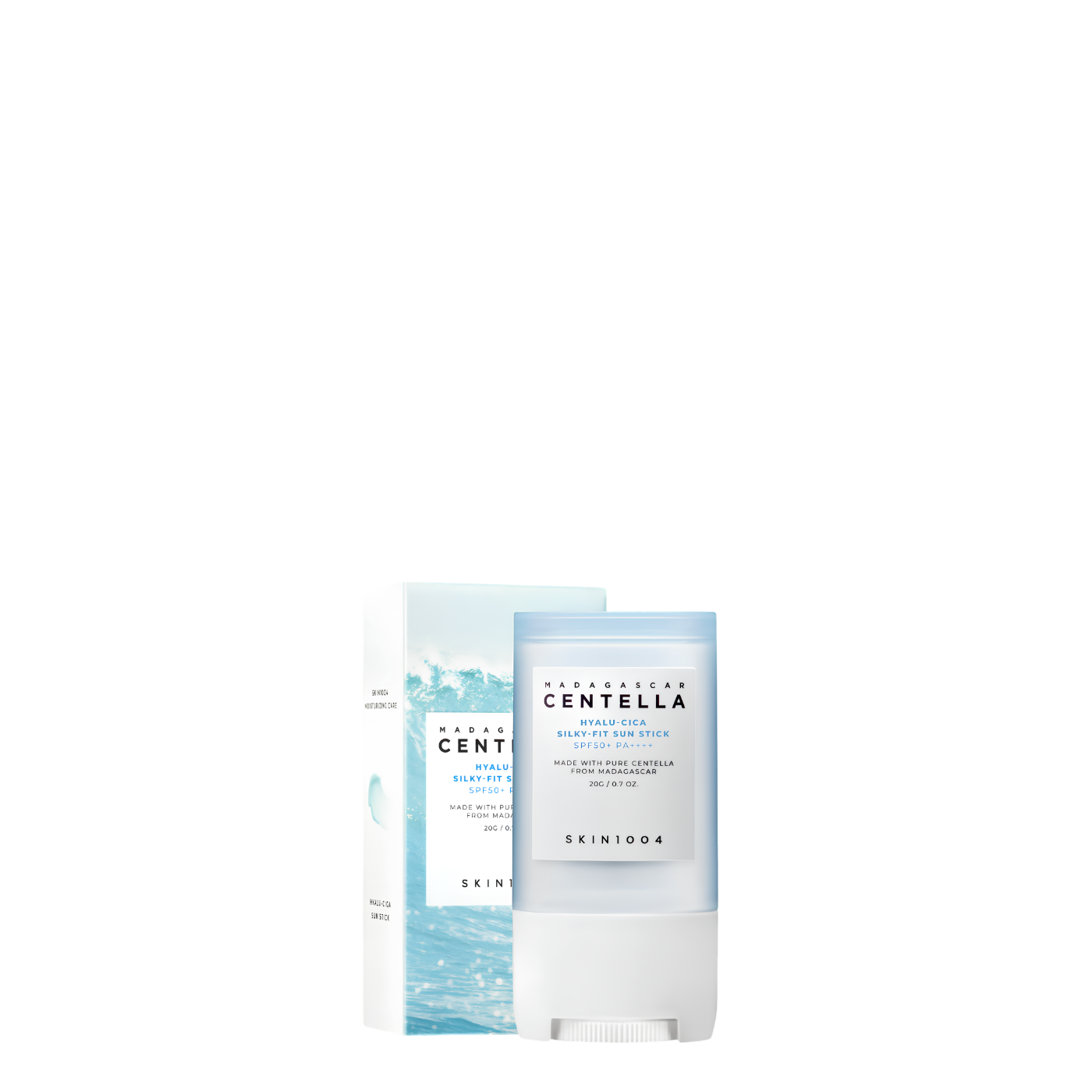 Barra de protector solar coreano Madagascar Centella Hyalu-Cica Silky-Fit Sun Stick SPF50+ PA++++ de 20 g de la marca Skin1004, fotoprotector en formato stick con acabado sedoso toque seco.