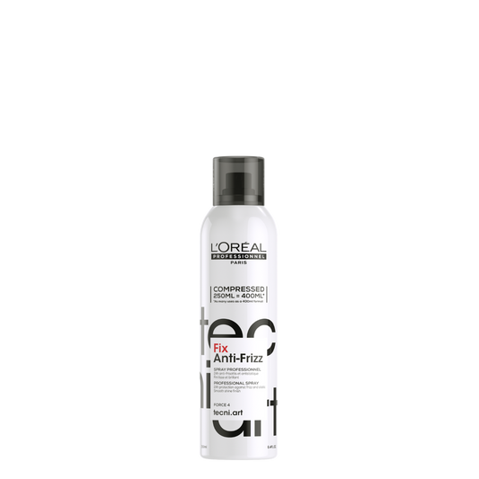 Spray fijador anti-frizz Tecni Art de Loreal Professionnel, control 24h, botella de 250 ml en la imagen.