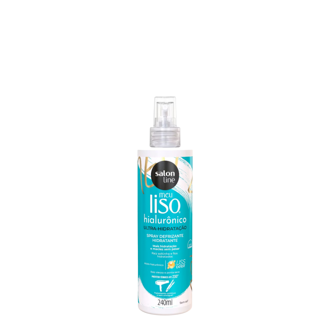 Botella de 240 ml con atomizador en spray del Defrizante y Protector Térmico Meu Liso Hialurónico de la marca Salon Line, tratamiento líquido hidratante y anti-frizz para el cuidado del cabello liso.