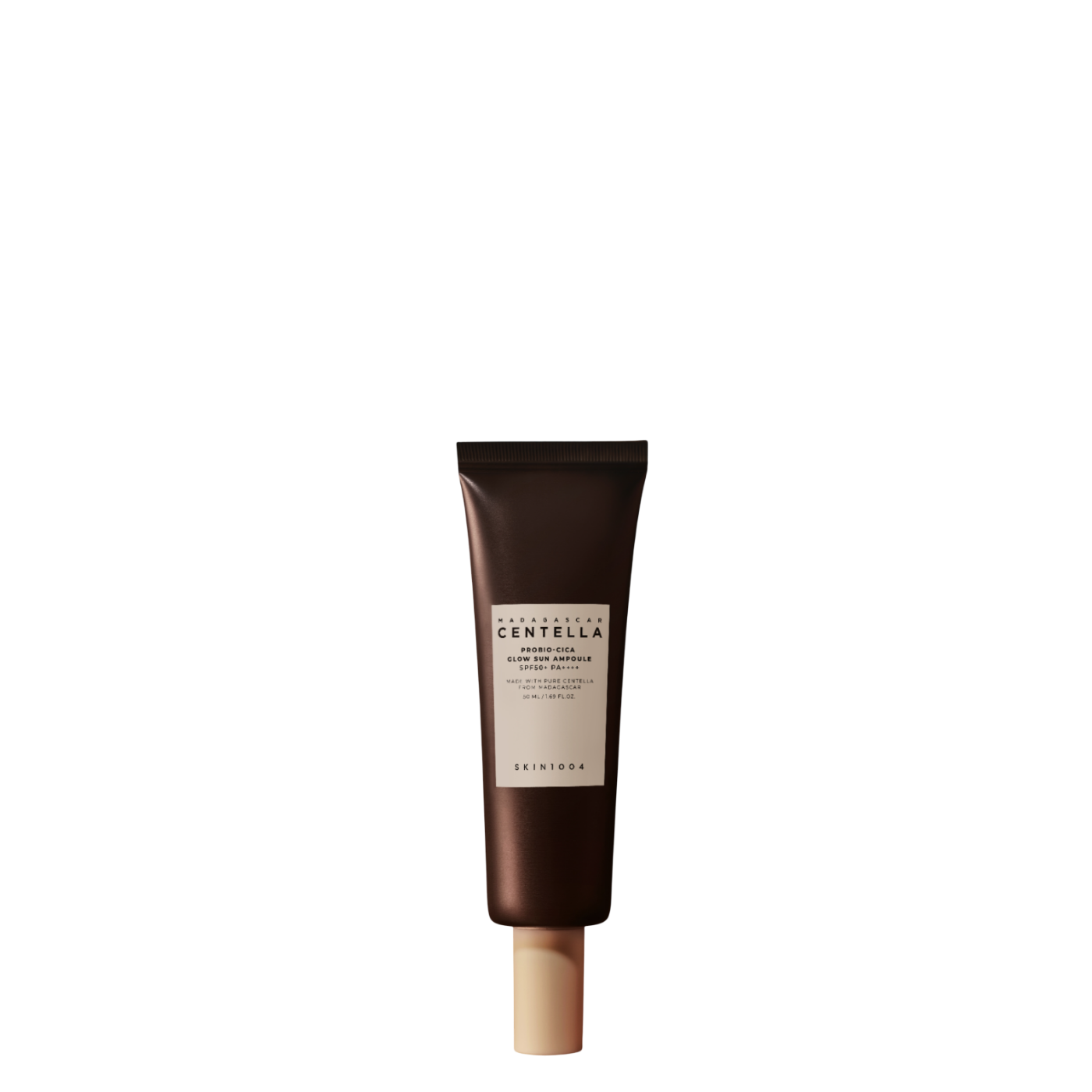 Envase de 50 ml del protector solar coreano Madagascar Centella Probio-Cica Glow Sun Serum SPF50+ PA++++ de la marca Skin1004, fotoprotector nutritivo tipo sérum con centella fermentada para acabado radiante.