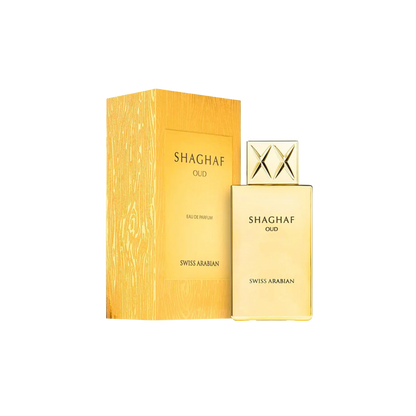 Perfume unisex Swiss Arabian Shaghaf Oud Eau de Parfum 75 ml en botella elegante, con diseño sofisticado.