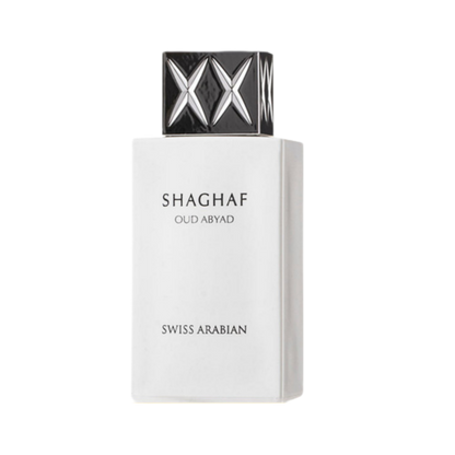 Perfume unisex Swiss Arabian Shaghaf Oud Abyad EDP 75 ml con frasco elegante y diseño sofisticado en la imagen.