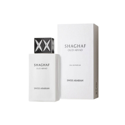 Perfume unisex Swiss Arabian Shaghaf Oud Abyad EDP 75 ml con frasco elegante y diseño sofisticado.
