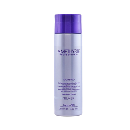 Champú matizador Farmavita Amethyste Silver para cabello rubio y gris, con fórmula anti-amarillo en botella de 250 ml.