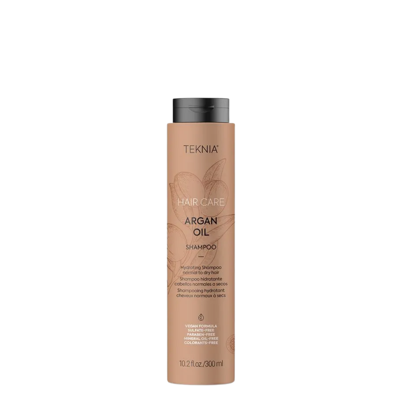 Champú Lakme Teknia con aceite de argán en botella de 300 ml, muestra la etiqueta y el envase del producto para el cabello.