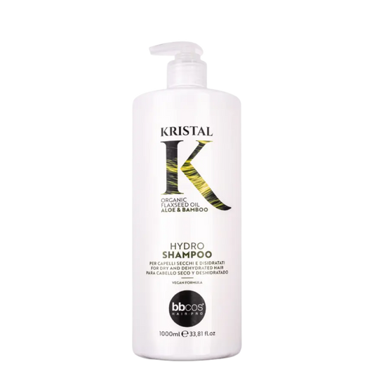 Champú hidratante Kristal Hydro de BBCOS en botella de 1000 ml, con fórmula nutritiva para cabello suave y brillante.