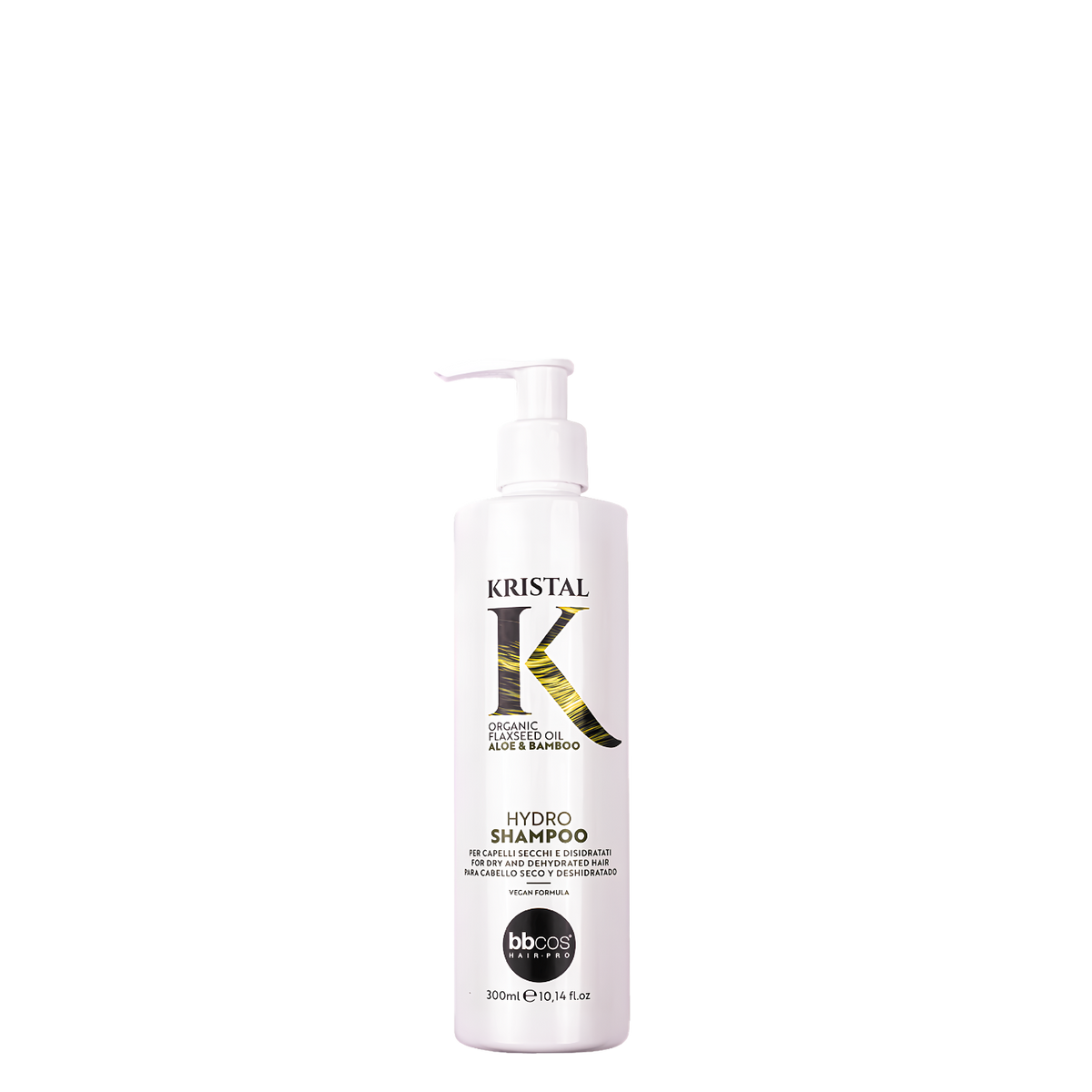 Champú hidratante Kristal Basic Hydro BBCOS en botella de 300 ml, con fórmula suave para cabello hidratado y brillante.