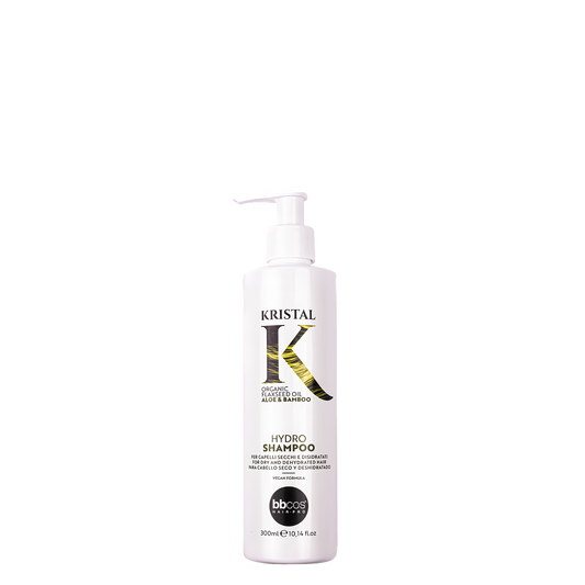Champú hidratante Kristal Hydro de BBCOS en botella de 300 ml, con fórmula para cabello suave y nutrido.