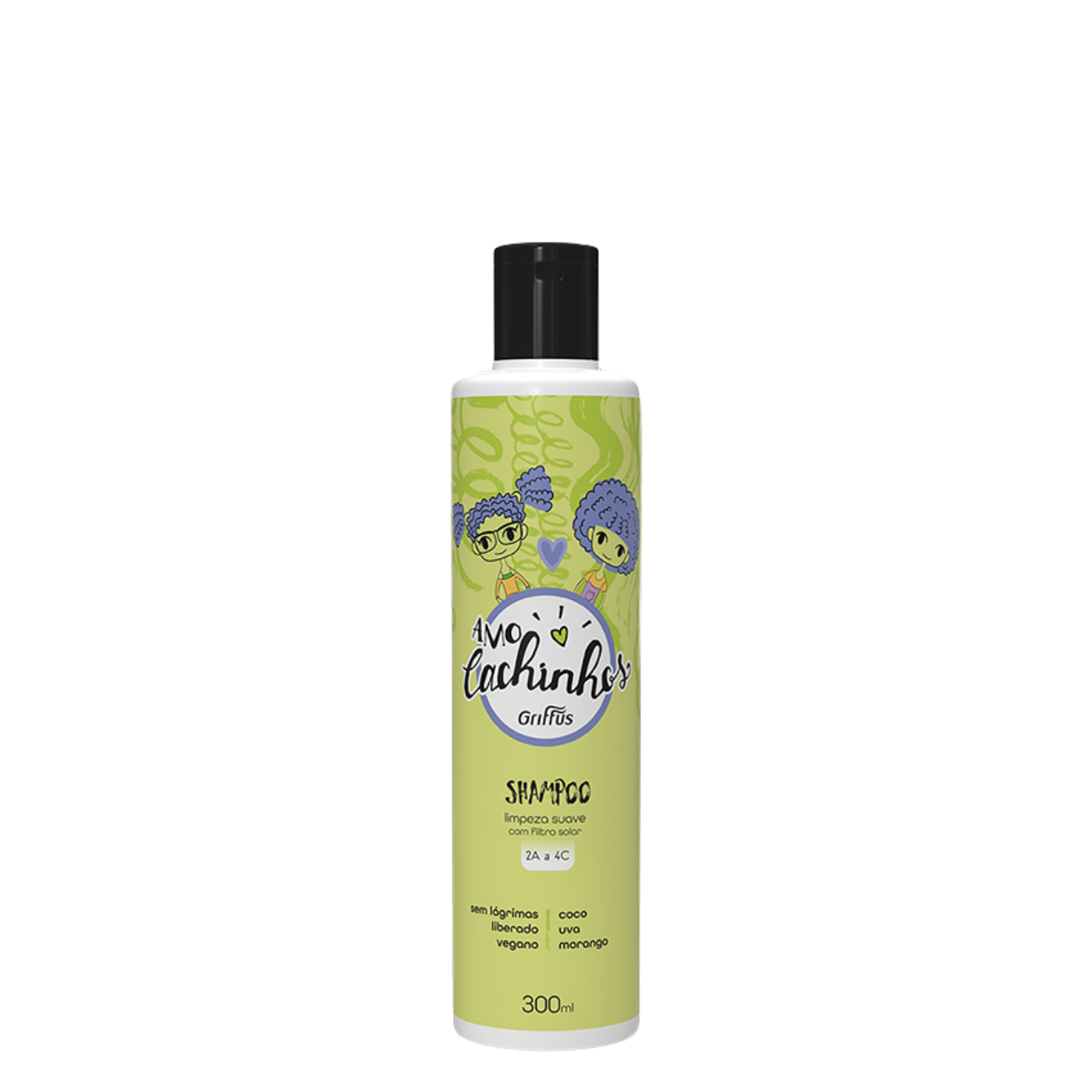 Botella de 300 ml de Shampoo Infantil Amo Cachinhos de la marca Griffus, limpiador ultra-suave, hipoalergénico y liberado para el cuidado diario de cabellos rizados en niños.