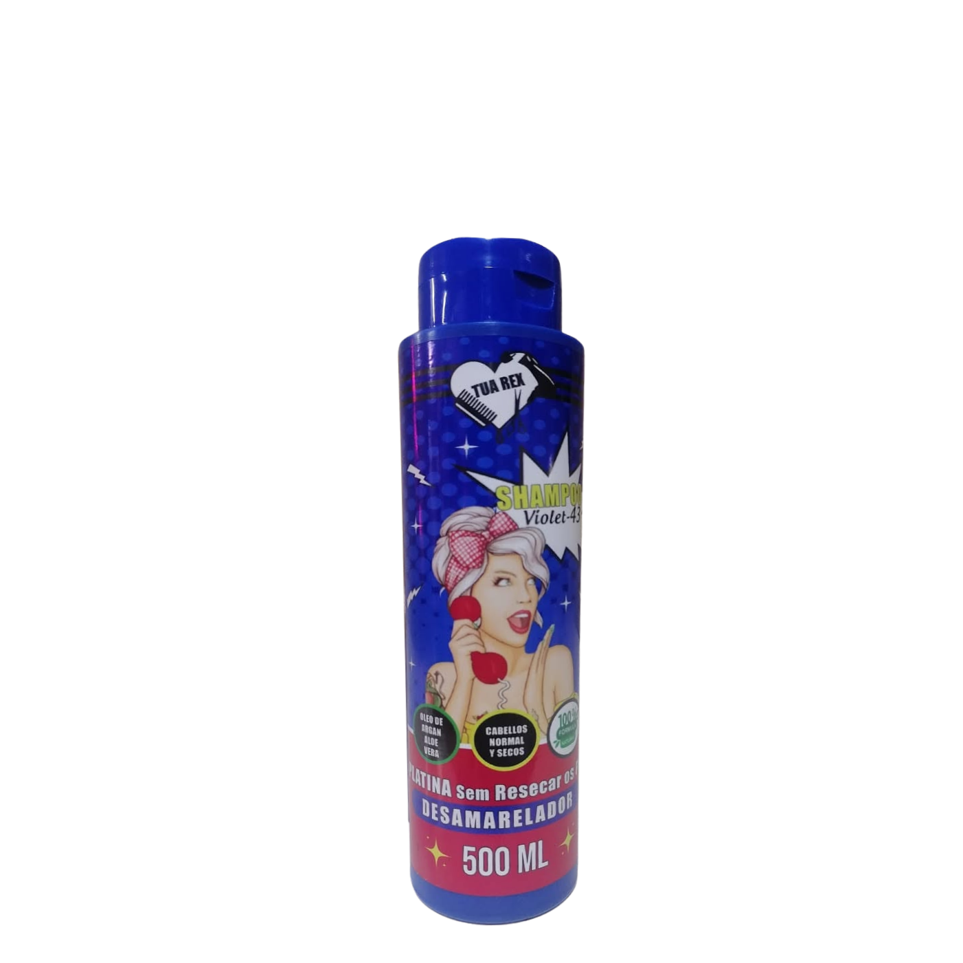 Botella de Shampoo Matizador Violeta 43 de la marca TUA Rex, tratamiento de limpieza y neutralización con pigmentos morados para eliminar visos amarillos en cabellos rubios y canas.
