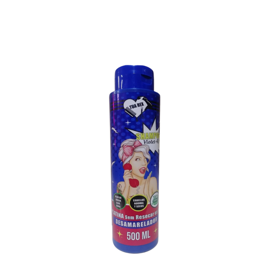 Botella de Shampoo Matizador Violeta 43 de la marca TUA Rex, tratamiento de limpieza y neutralización con pigmentos morados para eliminar visos amarillos en cabellos rubios y canas.