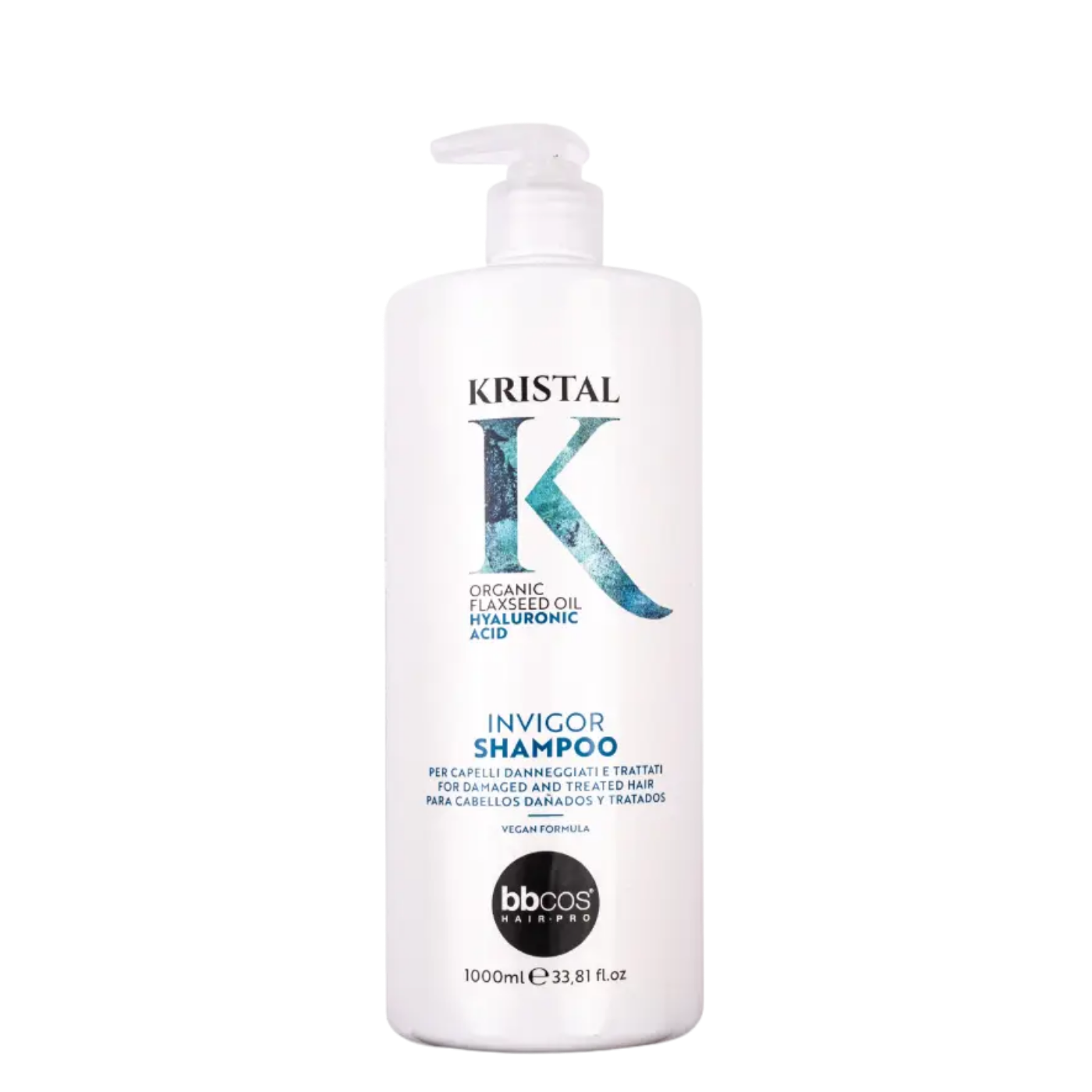 Champú revitalizante Kristal Invigorating de BBCOS en botella de 1000 ml, con fórmula para revitalizar y fortalecer el cabello.