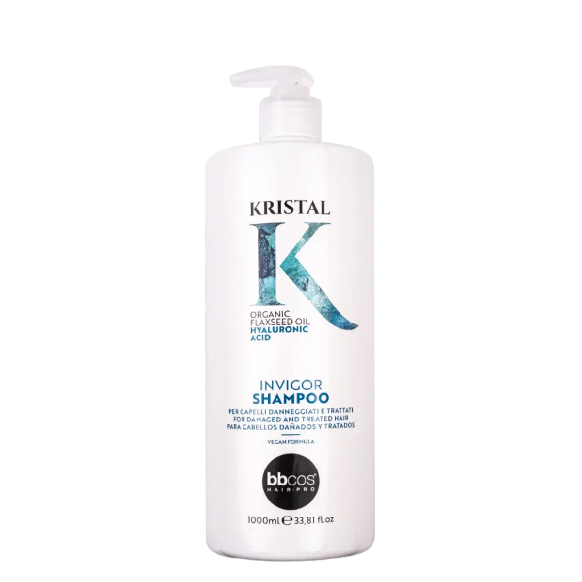 Champú revitalizante Kristal Invigorating de BBCOS en botella de 1000 ml, con fórmula para revitalizar y fortalecer el cabello.