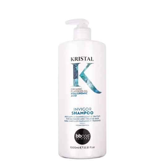 Champú revitalizante Kristal Invigorating de BBCOS en botella de 1000 ml, con fórmula para revitalizar y fortalecer el cabello.