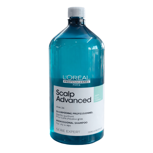 Champú Loreal Scalp Advanced Dermo-purificador anti-oleosidad en botella de 1500 ml, con fórmula para controlar grasa y limpiar profundamente.