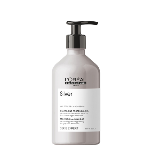 Champú Plateado Loreal Serie Expert de 500 ml en botella con etiqueta blanca y detalles plateados.